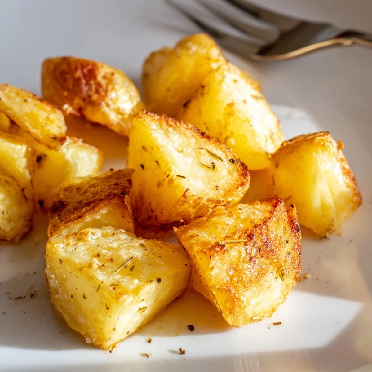 A rustic wooden board piled high with hot roasted potatoes and fresh parsley.