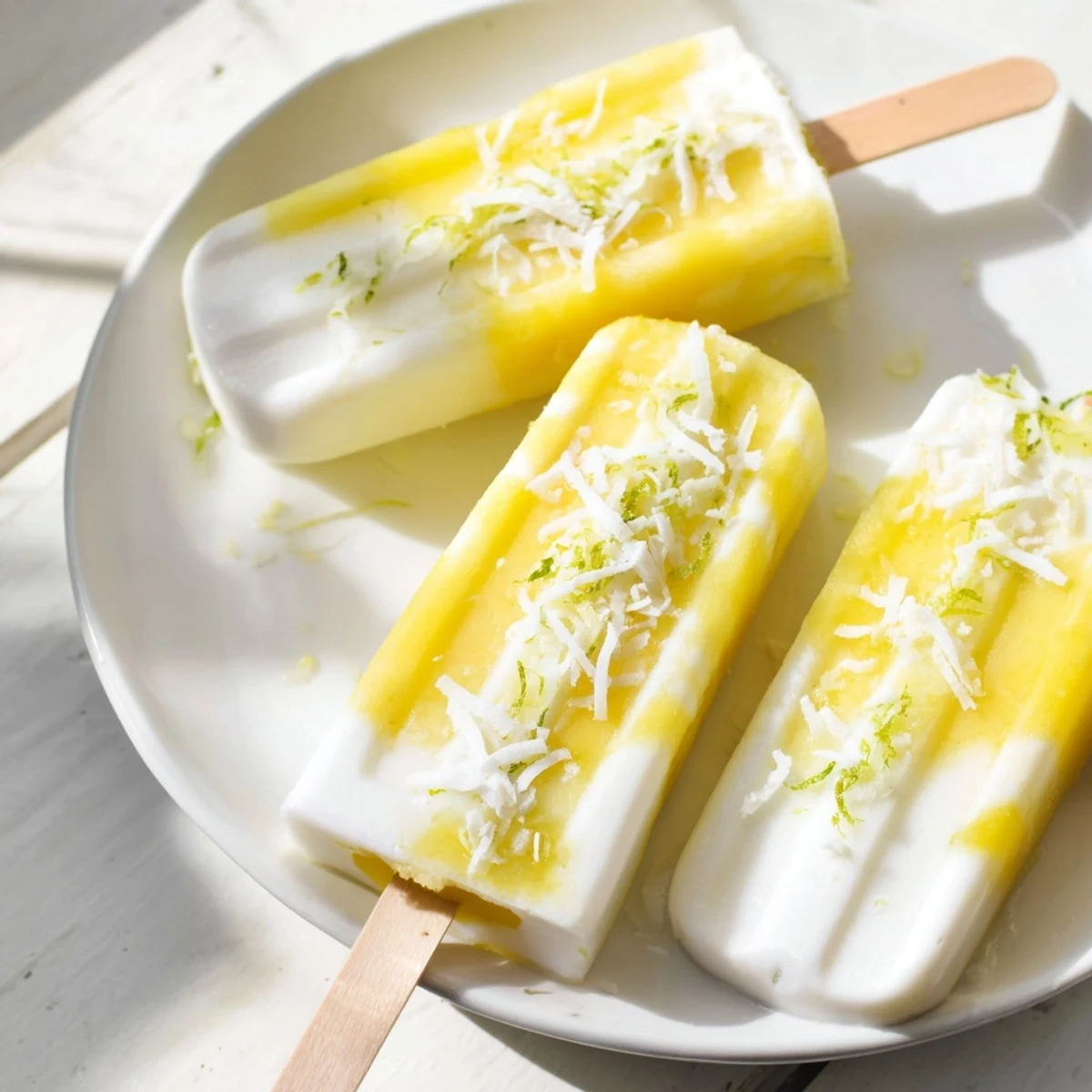 Creamy pineapple coconut lime popsicles with tropical swirls ready for a refreshing summer treat.