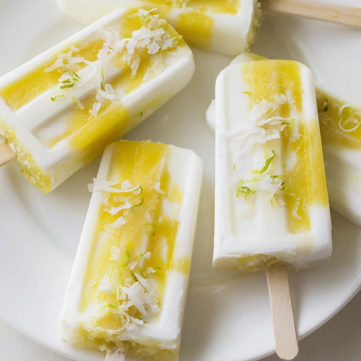 Frozen pineapple coconut lime popsicles featuring marbled layers and a zesty lime zest garnish.