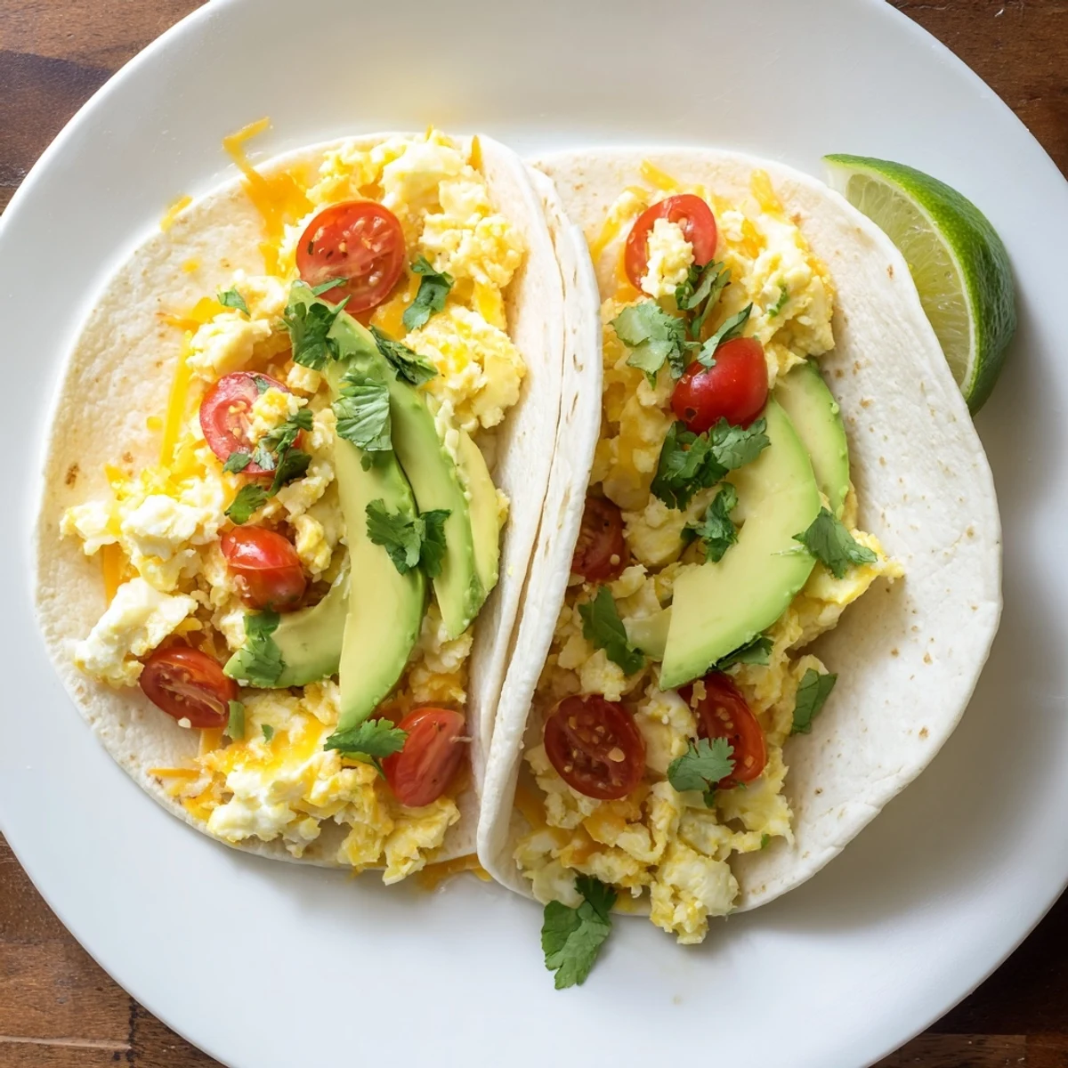 Fluffy scrambled eggs and fresh veggies fill this delicious breakfast tacos recipe
