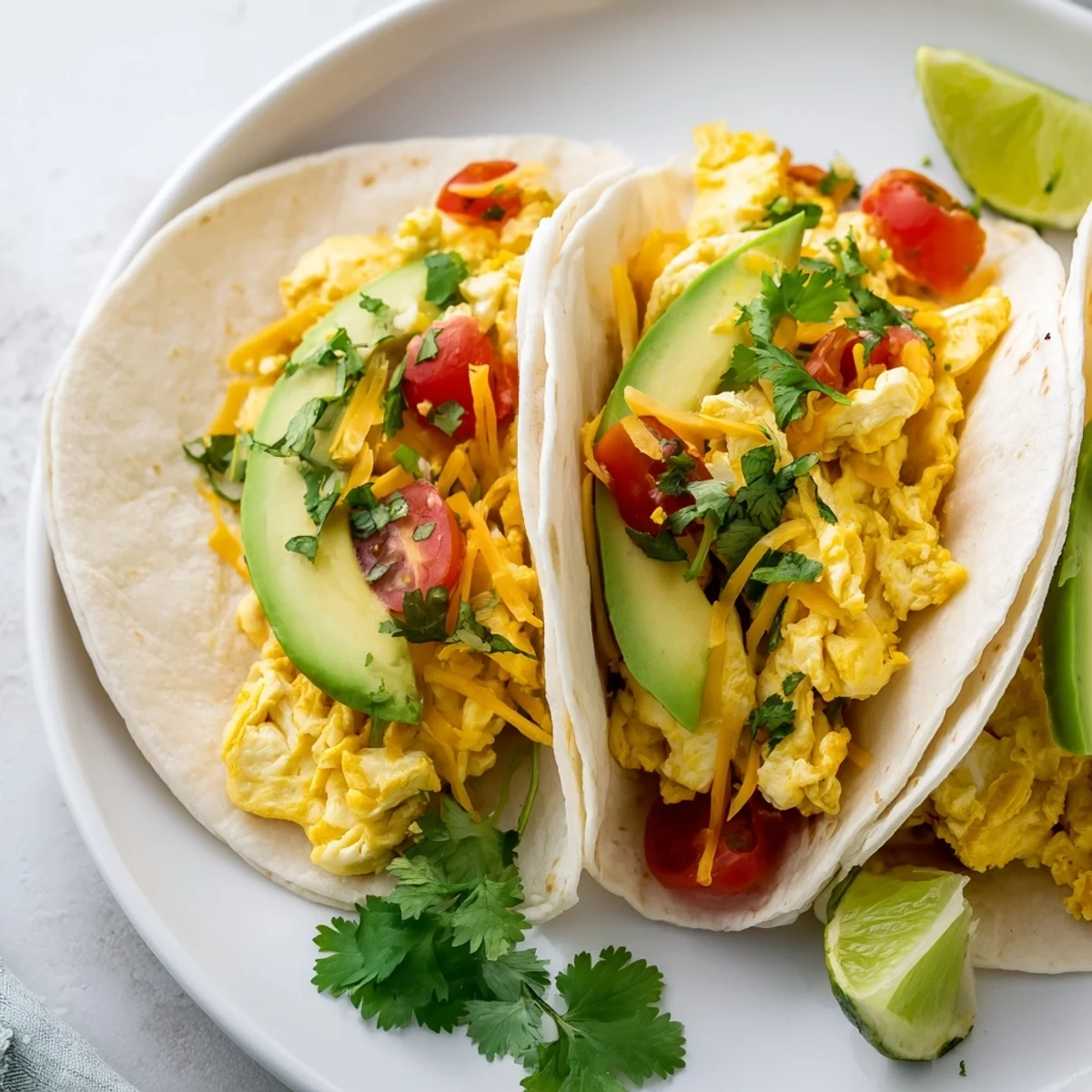 Warm tortillas topped with avocado, cheese, and eggs for breakfast tacos recipe