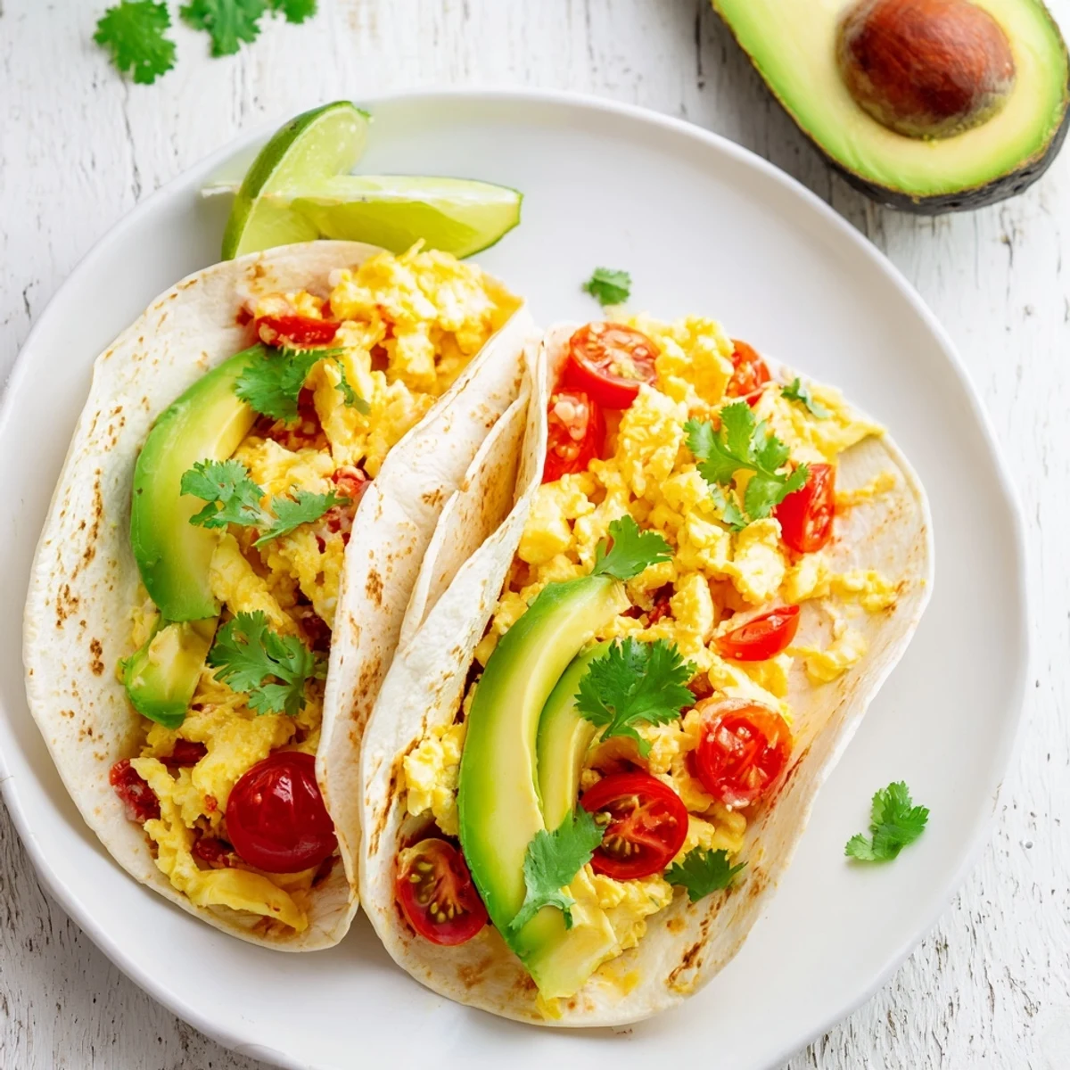 Savory breakfast tacos recipe featuring scrambled eggs, cilantro, and crisp vegetables