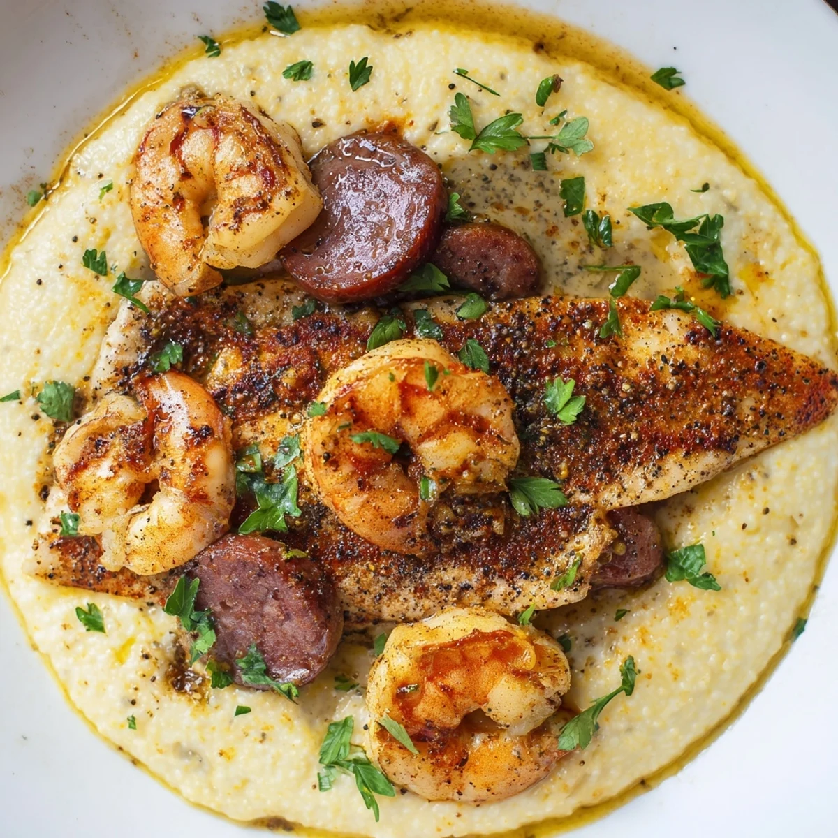 Blackened Cajun Catfish Shrimp Sausage Grits served with lemon wedges and fresh parsley  