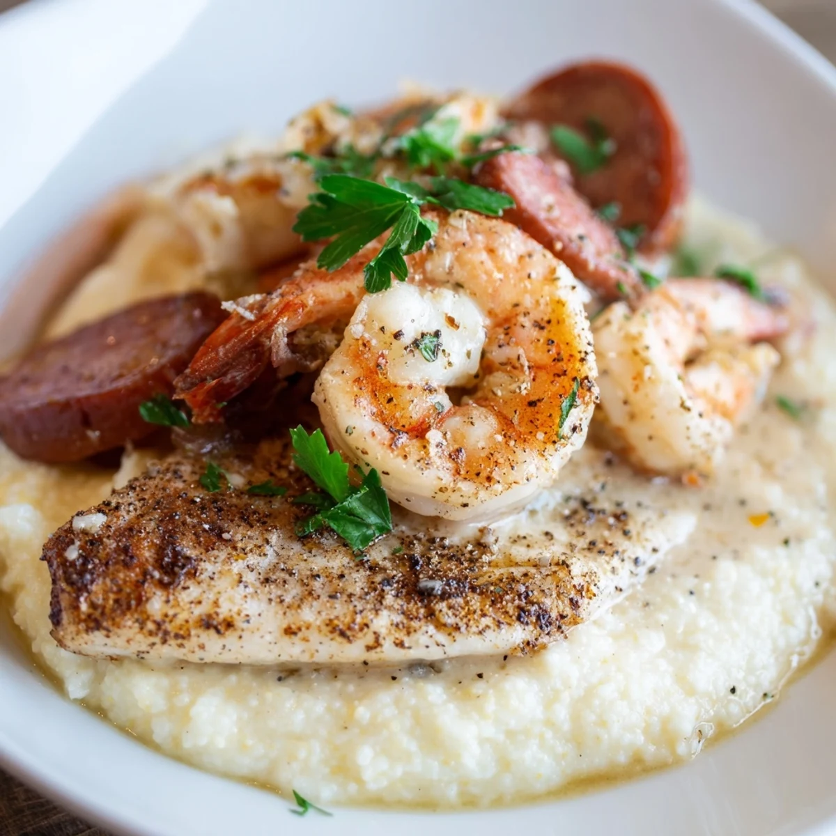 Creamy cheese grits topped with spicy Blackened Cajun Catfish Shrimp Sausage Grits  