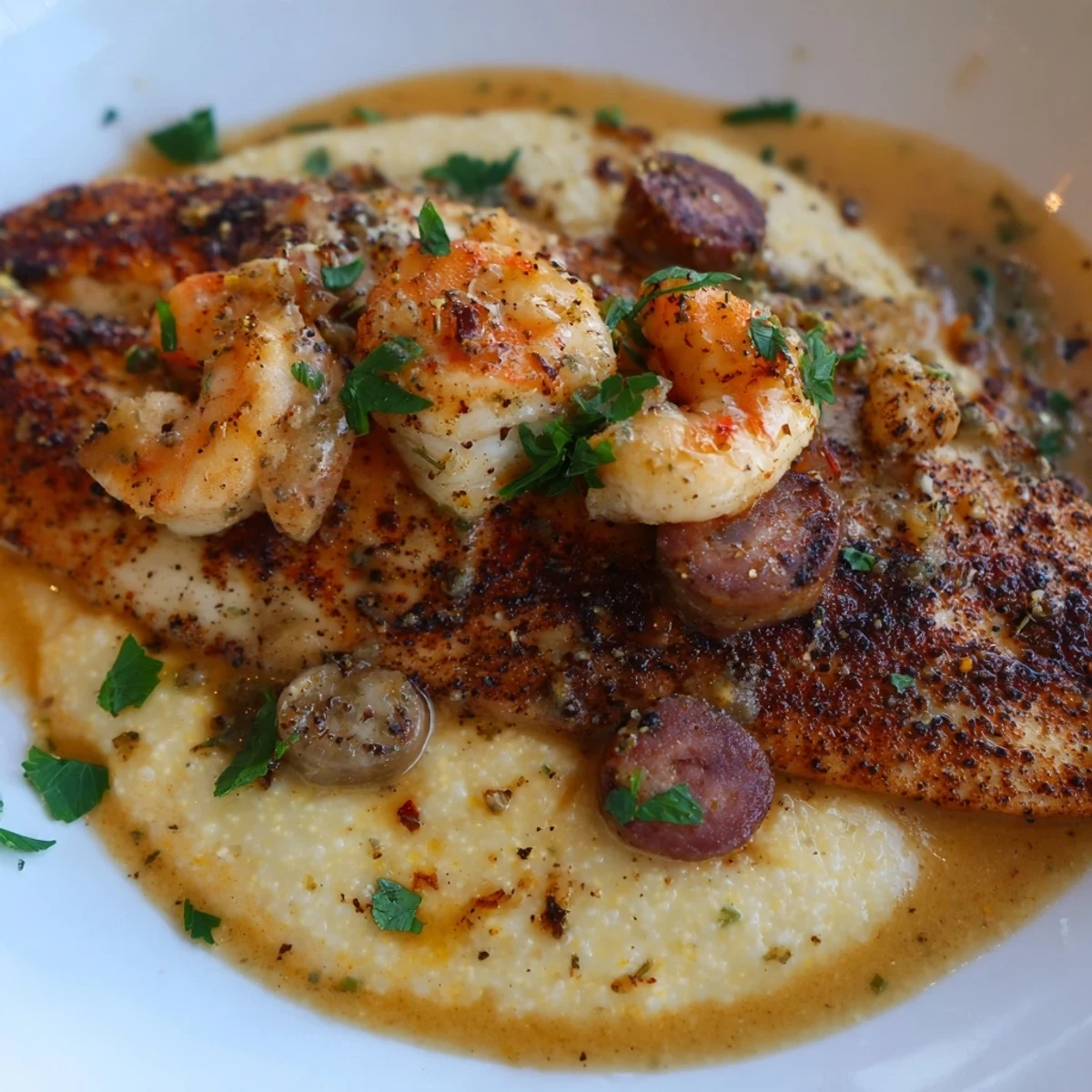 Golden blackened catfish and shrimp over savory grits in Blackened Cajun Catfish Shrimp Sausage Grits