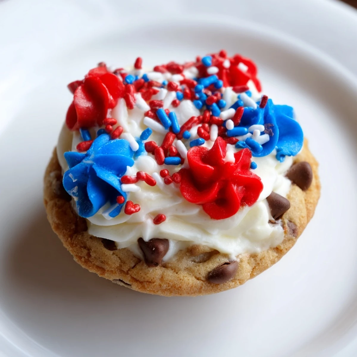 Festive patriotic chocolate chip cookie cups topped with colorful red and blue frosting.  