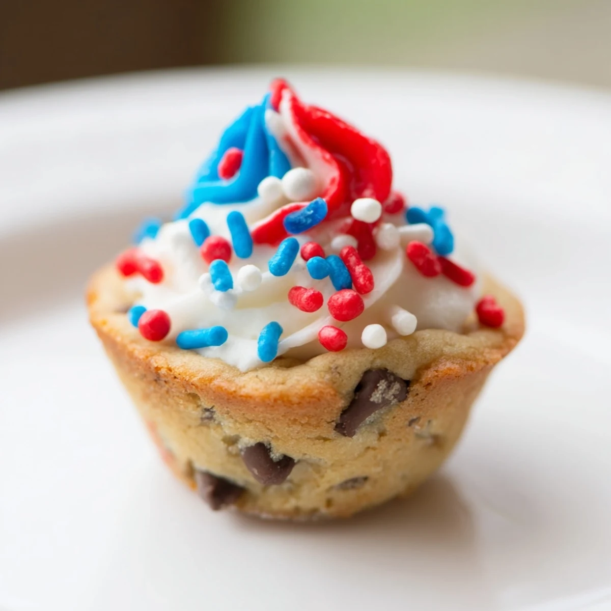 Bite-sized patriotic chocolate chip cookie cups filled with creamy frosting and sprinkles.  