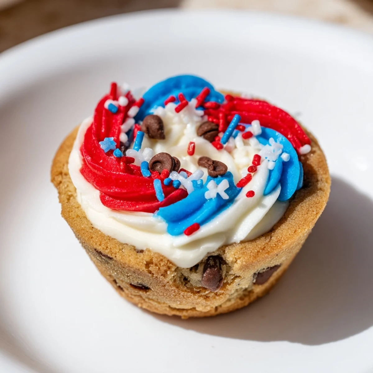 Golden patriotic chocolate chip cookie cups decorated with red white and blue swirls.