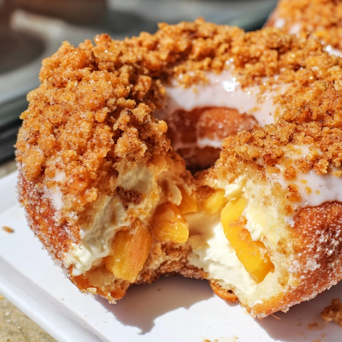 Golden peach cobbler cheesecake donuts topped with crunchy crumbs and glaze  
