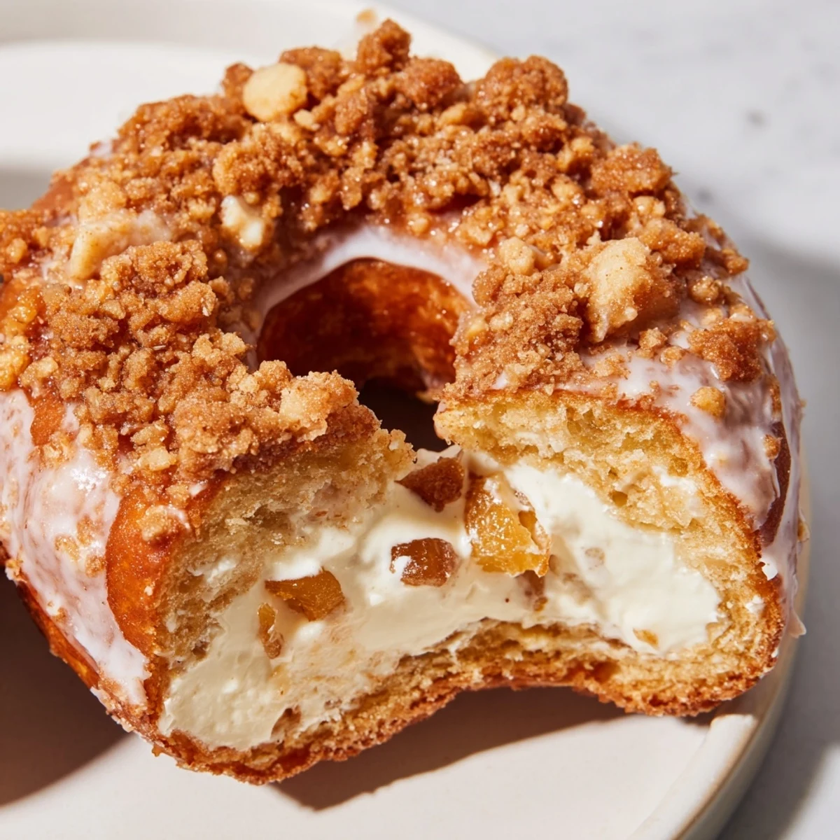 Fried peach cobbler cheesecake donuts filled with creamy cheesecake and sweet peaches  