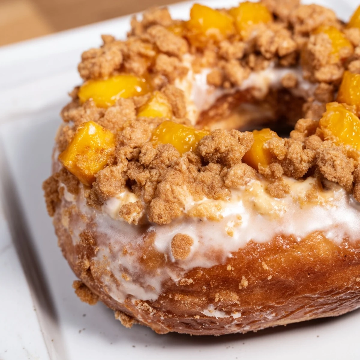 Glazed peach cobbler cheesecake donuts with cobbler crumb topping on a plate