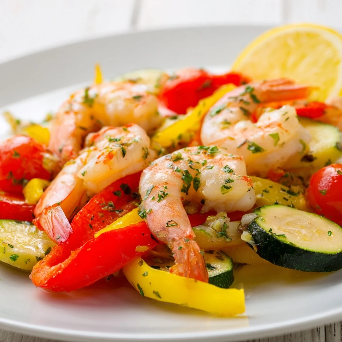 Savory garlic butter shrimp roasted with colorful peppers and zucchini on a pan  