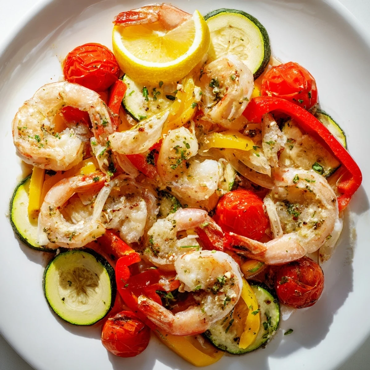 Golden sheet pan garlic butter shrimp with roasted vegetables and fresh parsley  