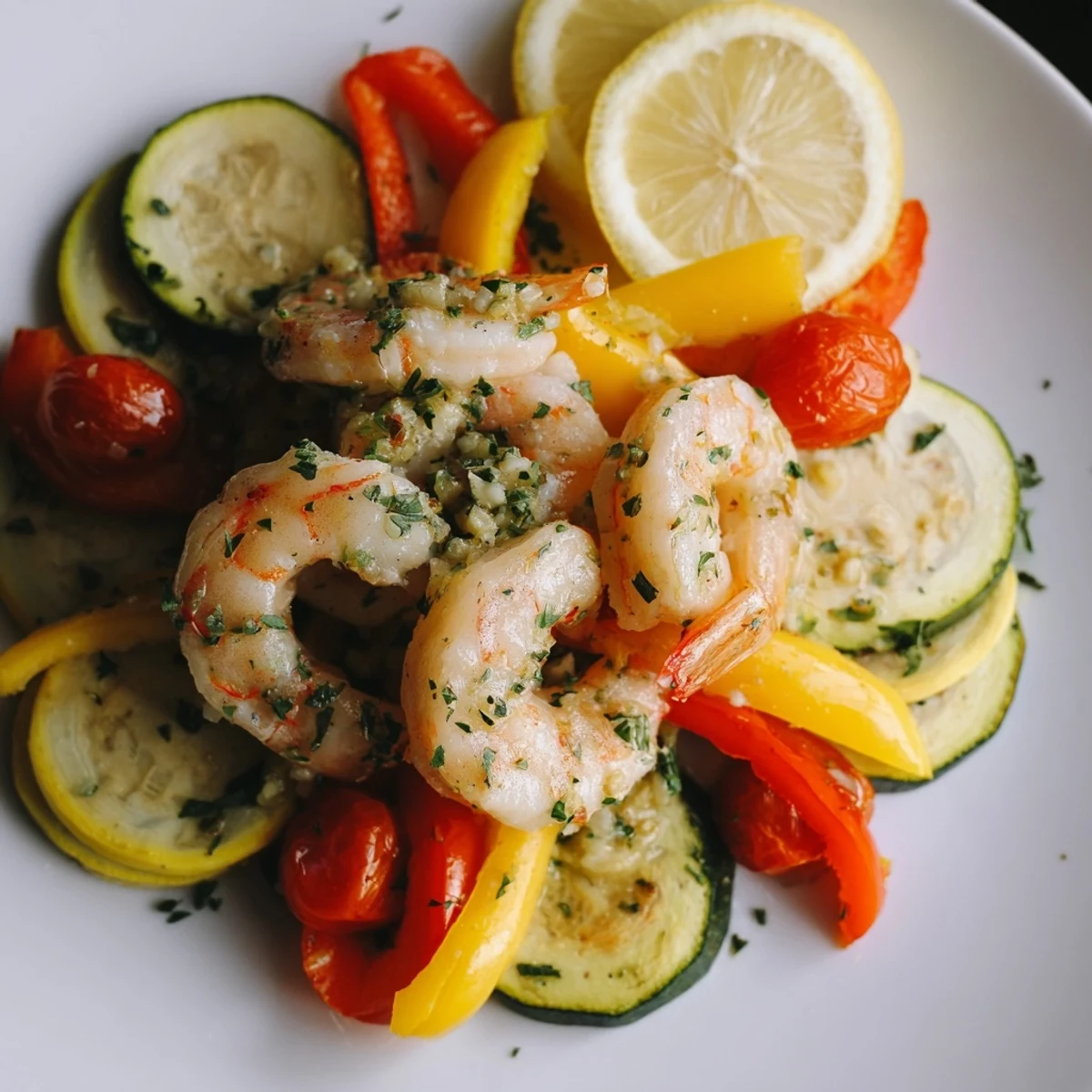 Juicy sheet pan garlic butter shrimp served with lemon wedges and herbs