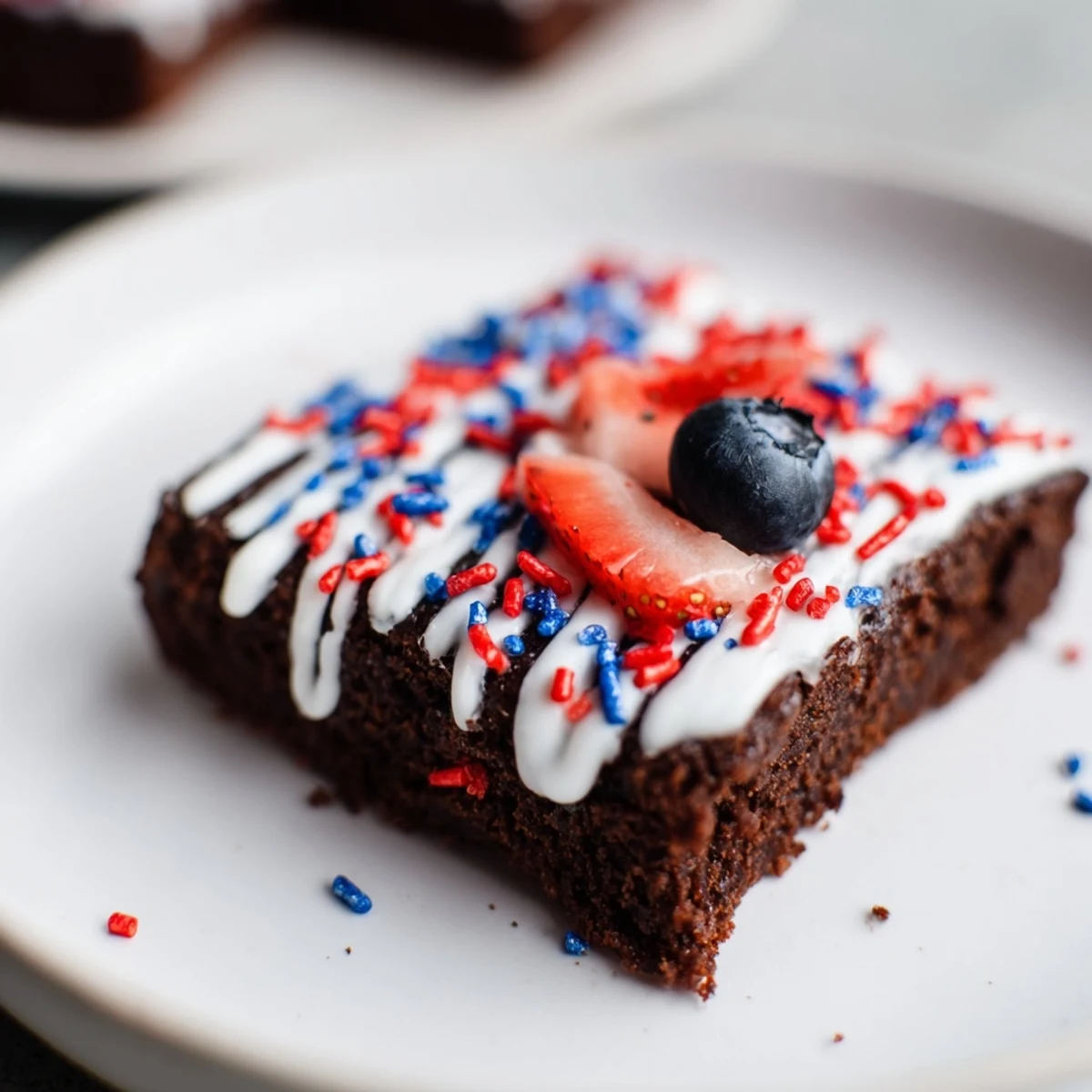 Festive Fourth of July Brownie Bites topped with red and blue sprinkles for patriotic parties.