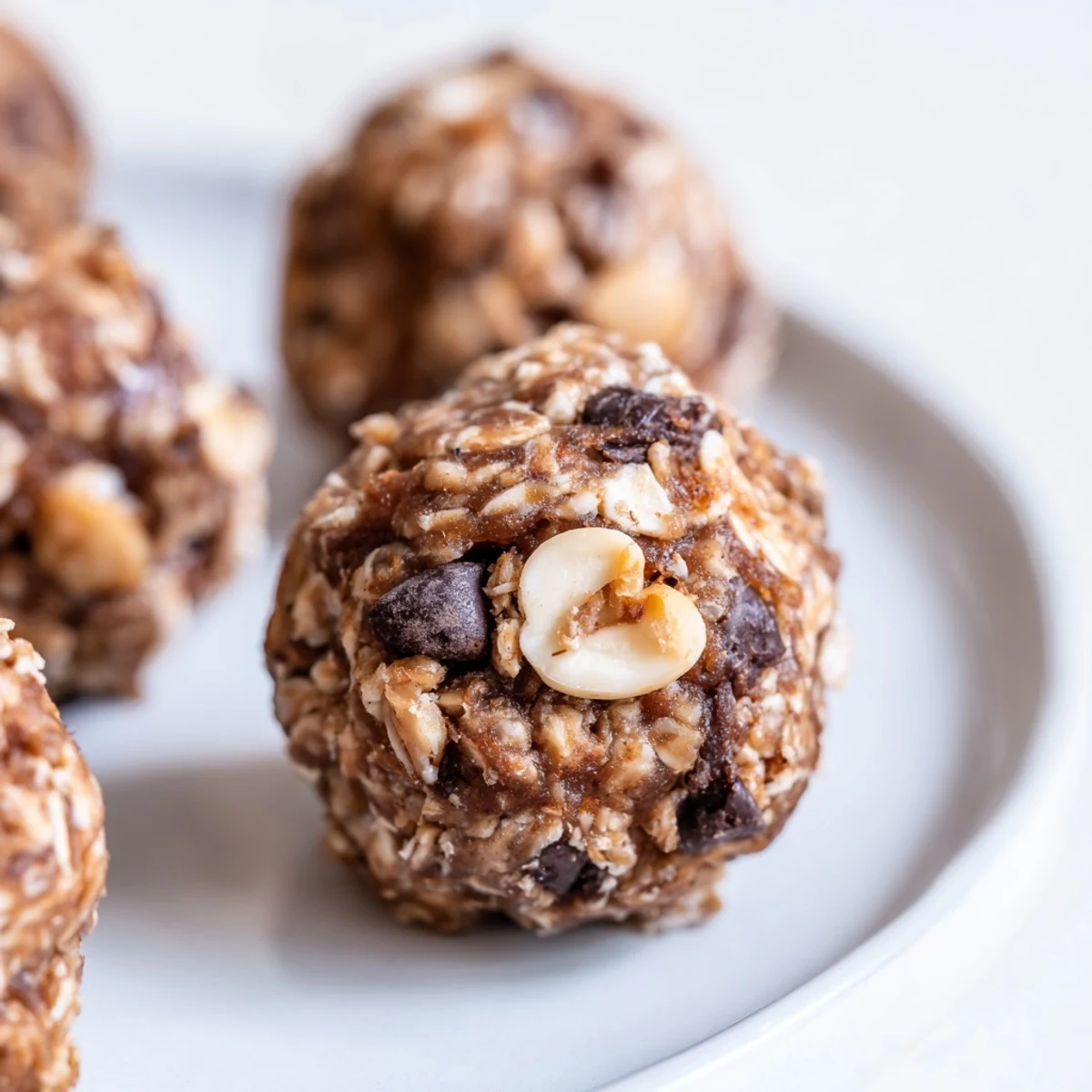 Chocolate-dipped Snickers energy balls ready for a quick healthy snack.