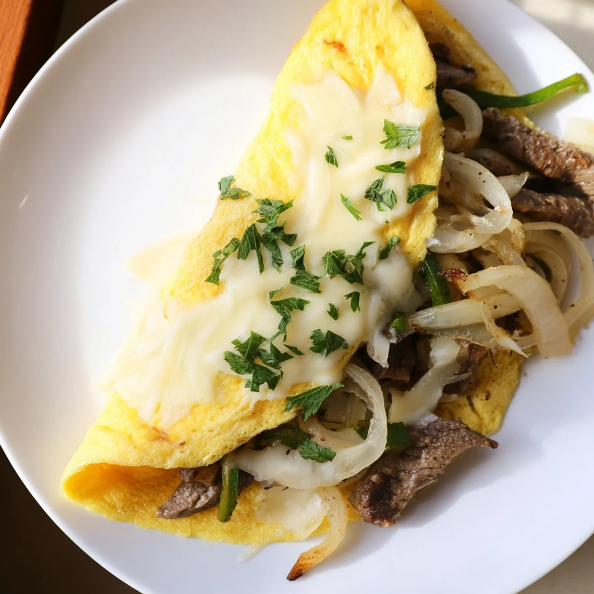 Savory Philly cheesesteak omelette with juicy steak and veggies, garnished with fresh parsley.