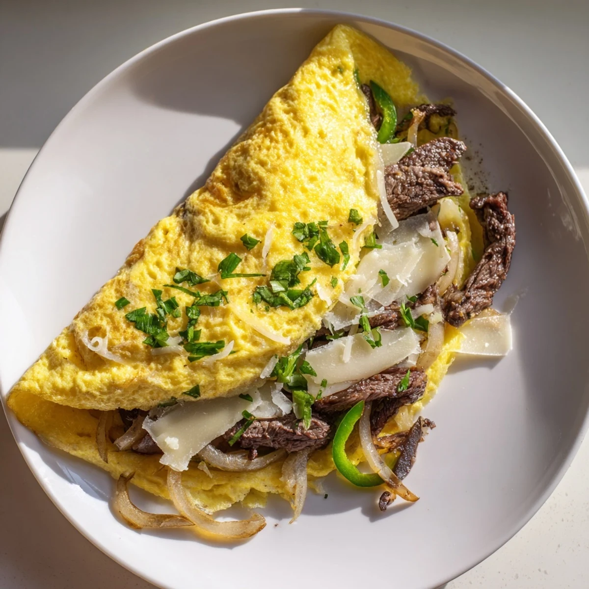 Fluffy omelette packed with sautéed onions, beef, and gooey cheese for a hearty breakfast.  