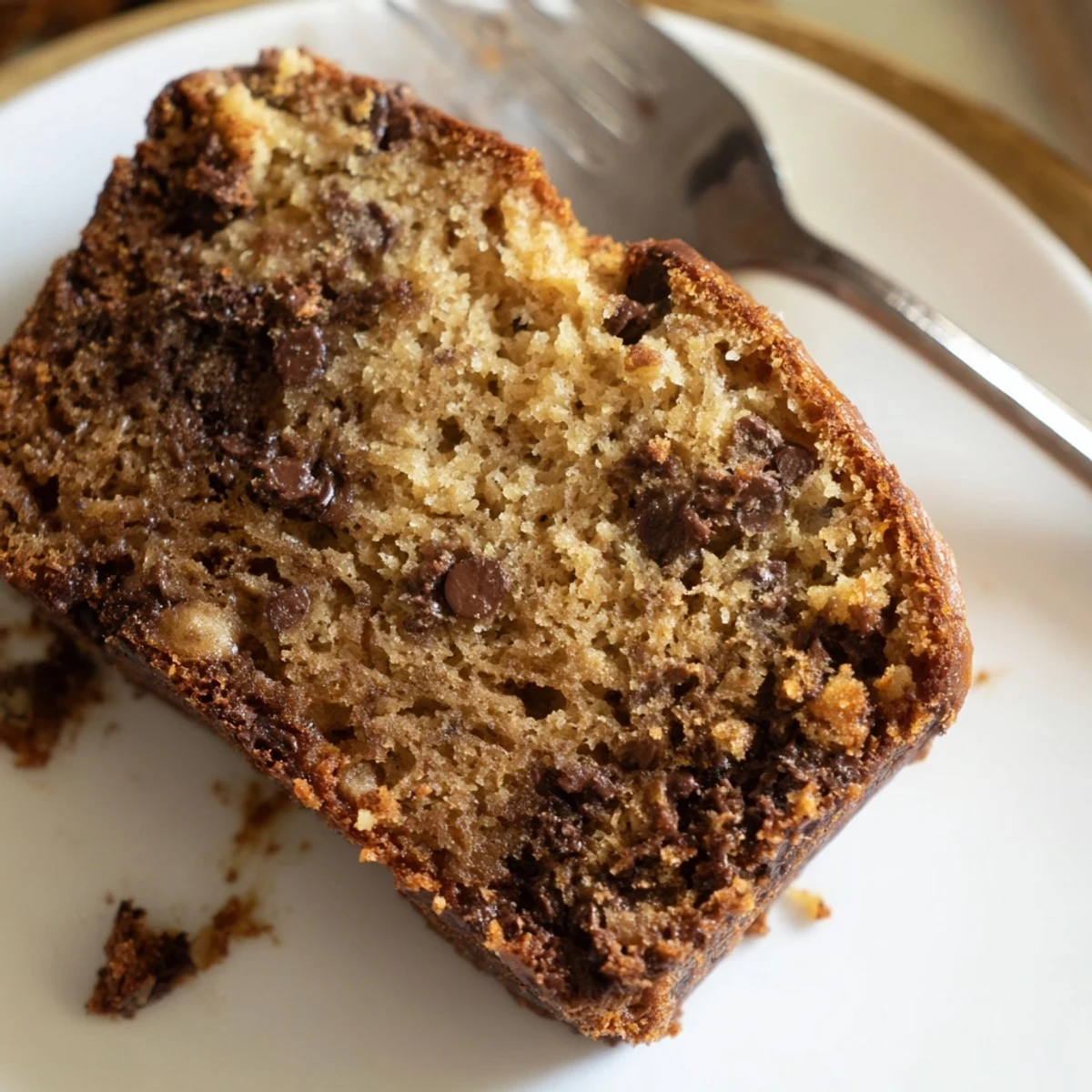 Freshly baked one bowl banana bread topped with rich chocolate chips