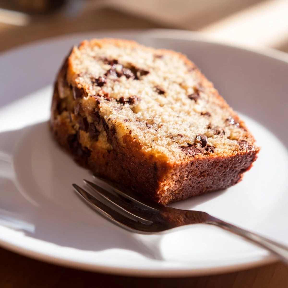 Thick slice of warm one bowl banana bread studded with chocolate chips