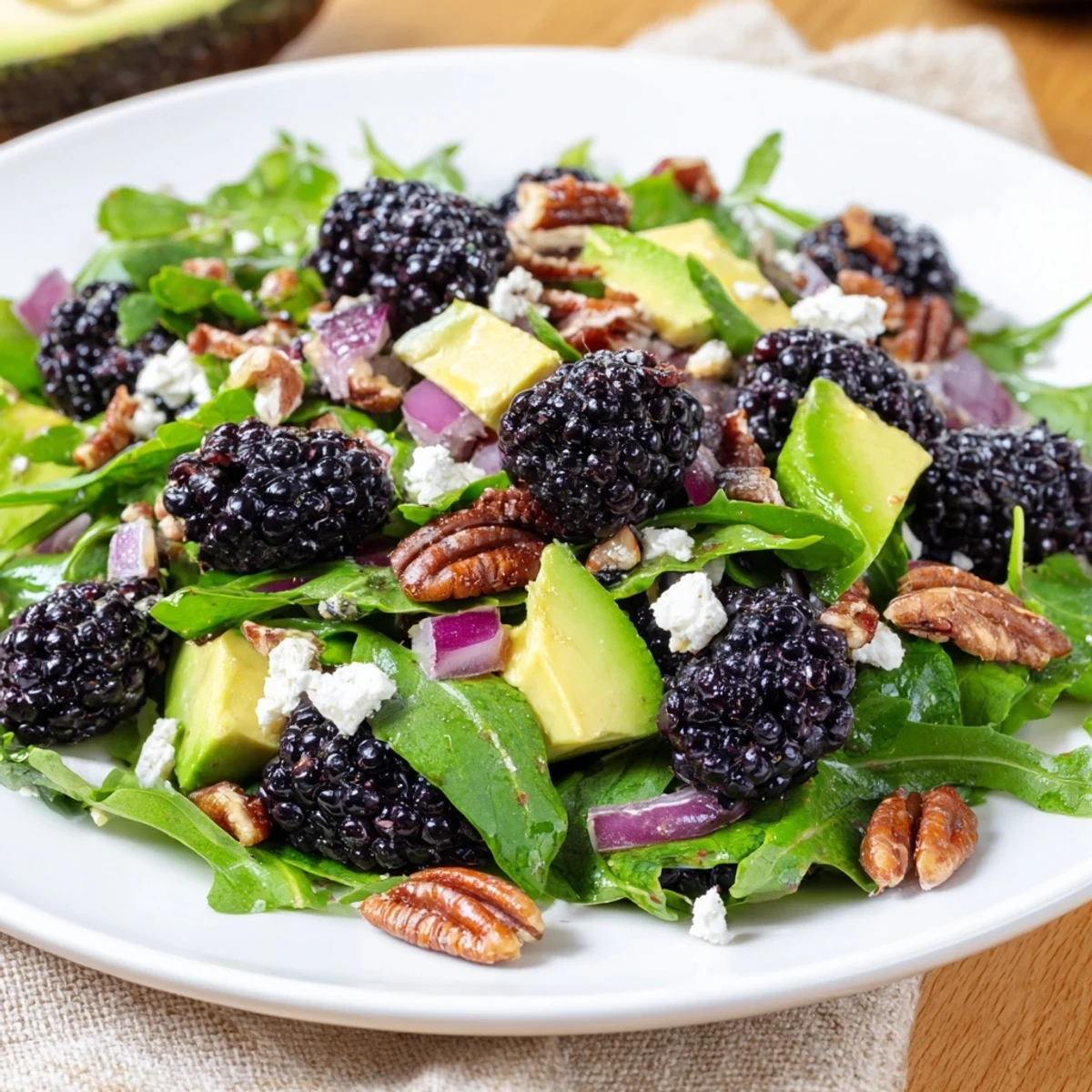 Vibrant blackberry avocado salad topped with feta, pecans, and sliced red onion.  