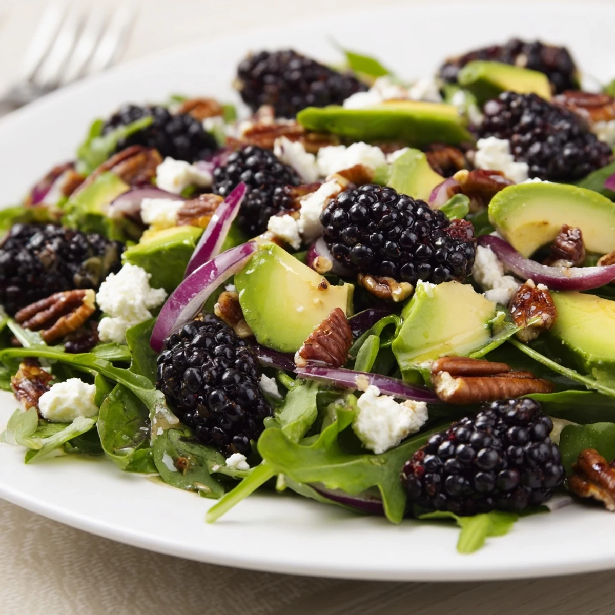 Fresh blackberry avocado salad with creamy avocado and zesty honey-lime dressing.  