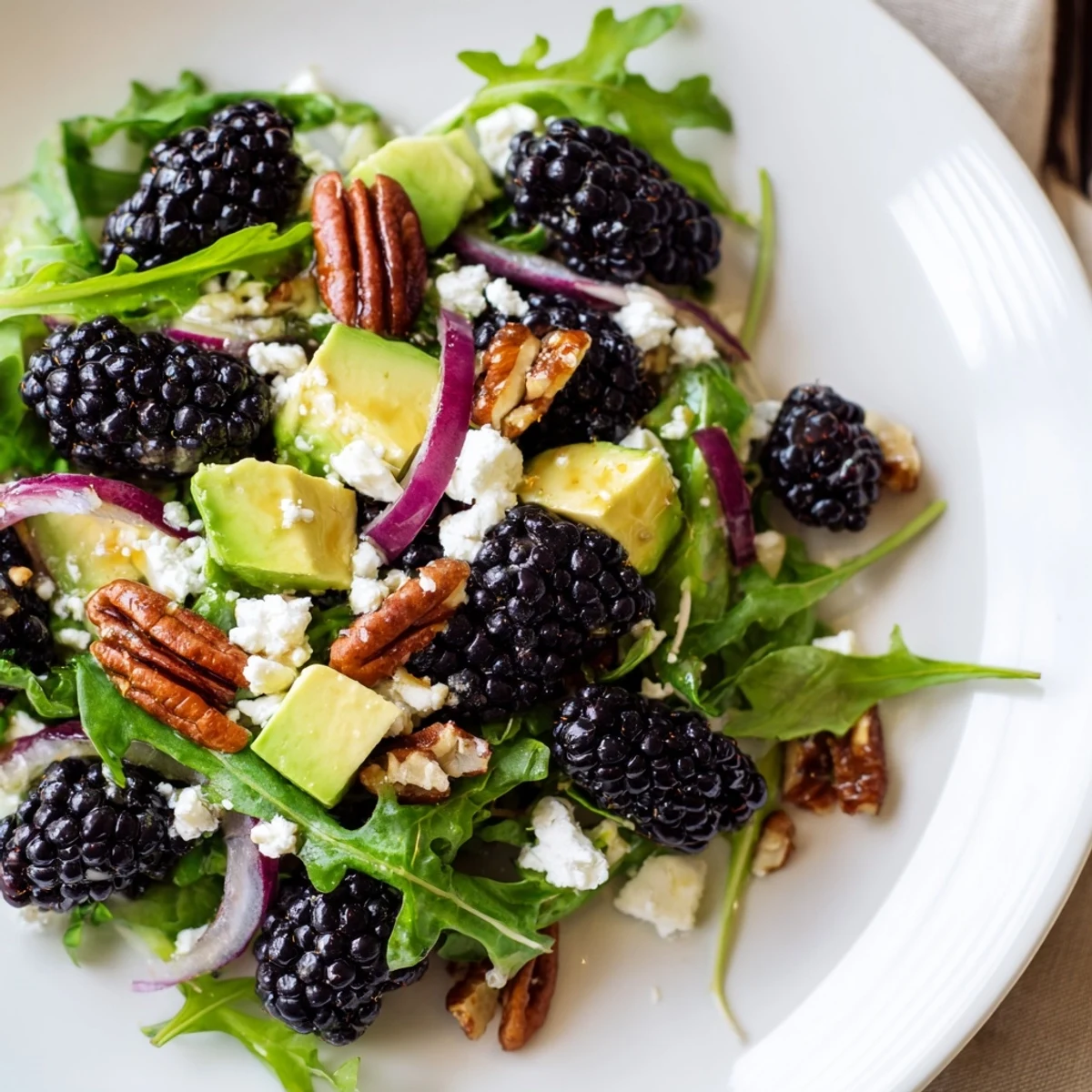 Crisp blackberry avocado salad drizzled with tangy dressing and garnished with toasted nuts.