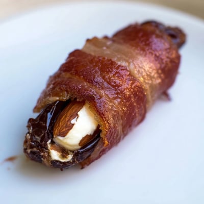 The crispy beef bacon sizzles around Medjool dates stuffed with creamy cheese, ready to serve.