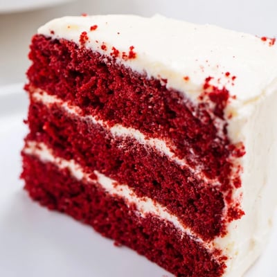 Freshly baked red velvet layer cake with cream cheese frosting, garnished with red crumbs and perfect for birthday celebrations.