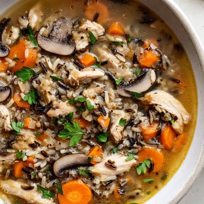 Steaming bowls of Instant Pot Chicken and Wild Rice Soup with Mushrooms feature wilted parsley garnish, rustic wooden spoons, and colorful vegetables for a cozy weeknight family dinner.