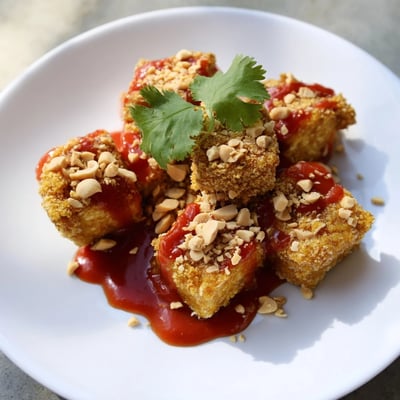 Steaming plate of Crispy Baked Tofu topped with chopped peanuts and fresh cilantro for a vegan dinner.