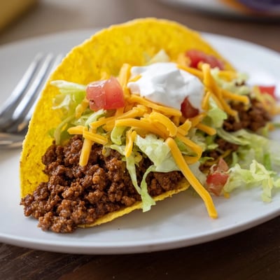 A close-up of Beef Tacos with Sour Cream and Cheese, garnished with shredded lettuce and green onions.