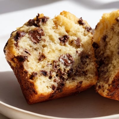 Warm Chocolate Chip Muffins lined in a muffin tin, showing fluffy interiors and gooey chocolate chips. 