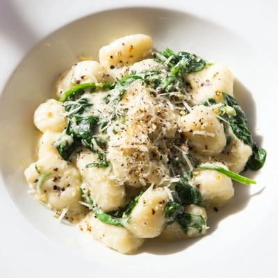 Tender gnocchi in a garlicky cream sauce with wilted spinach, served as a comforting vegetarian weeknight dinner.