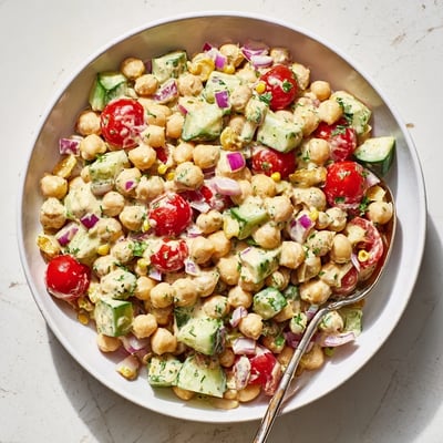 Bright Curried Chickpea Salad served in a white bowl, perfect for a quick vegan lunch.
