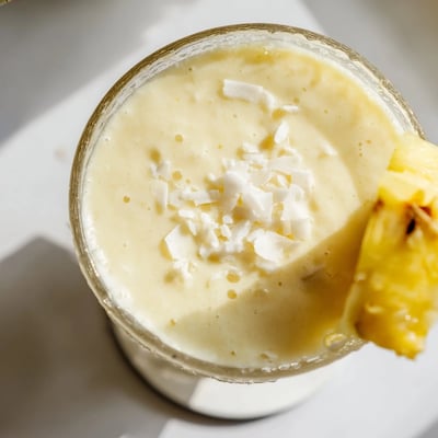 Two glasses of vibrant Pineapple Coconut Smoothie beside fresh pineapple chunks and ripe bananas on a bright table.