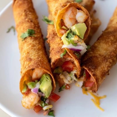 A close-up shows a bite-sized Crispy Shrimp Avocado Taquito with creamy avocado and spiced shrimp filling.