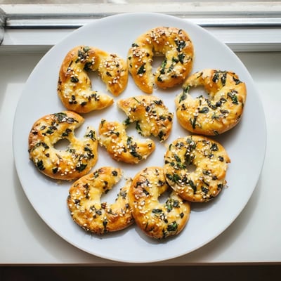 Close-up of a cut spinach cottage cheese flagel revealing a soft, moist interior packed with tender spinach and creamy cottage cheese, perfect for a savory breakfast sandwich.