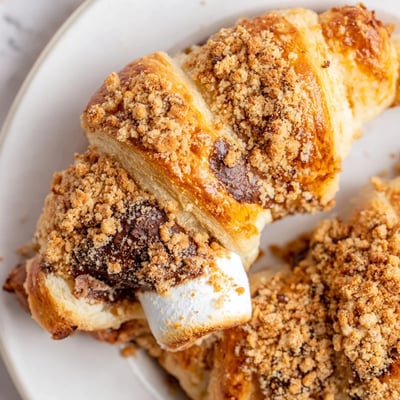 A close-up view of freshly baked Smores Crescent Rolls dusted with graham cracker crumbs, served warm on a rustic plate.