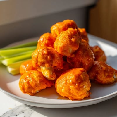 Crispy battered cauliflower roasted in the air fryer, glazed with tangy buffalo sauce, paired with creamy ranch or blue cheese dip and crunchy celery sticks.