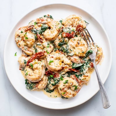 Keto creamy Tuscan shrimp served over zucchini noodles with a sun-dried tomato garlic sauce