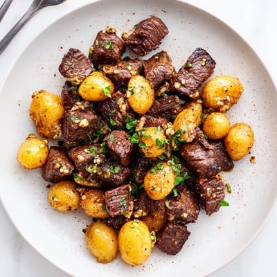 Pan seared Garlic Steak Bites and Potatoes with golden crust and fragrant garlic