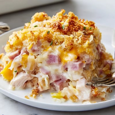 Creamy Dijon sauce coated Chicken Cordon Bleu Casserole with crispy Parmesan topping