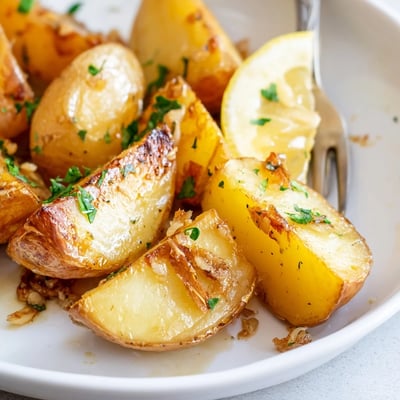 Warm wedges from the Authentic Greek Lemon Potatoes Recipe, crisp, lemon-scented