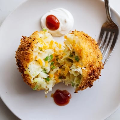 Crispy Fried Mashed Potato Balls plated with ranch dip, sprinkled green onions