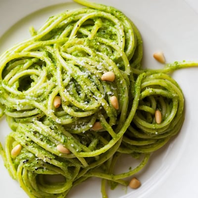 Wild garlic pesto pasta twirled on a fork glistening with fragrant herb oil and toasted pine nuts