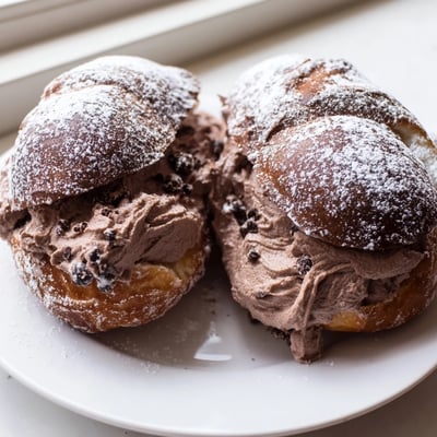 Golden brown Italian chocolate maritozzi fresh from the oven on parchment paper