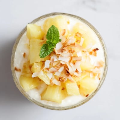 Creamy mini pineapple condensed coconut milk served chilled with fresh mint garnish