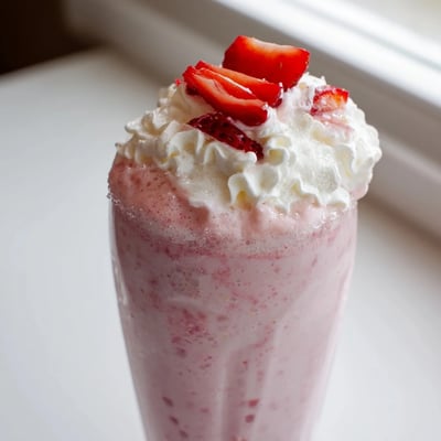 Thick strawberry milkshake blended with ripe berries and vanilla ice cream