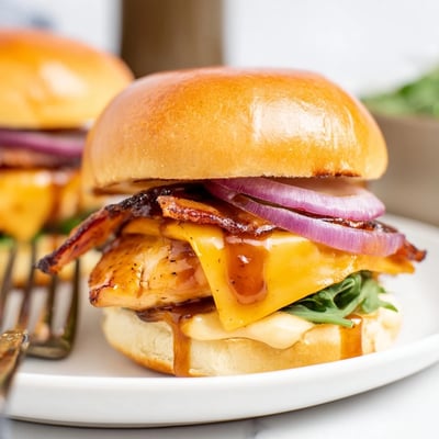 Crispy bacon and juicy maple glazed chicken sliders served on buttery golden slider buns